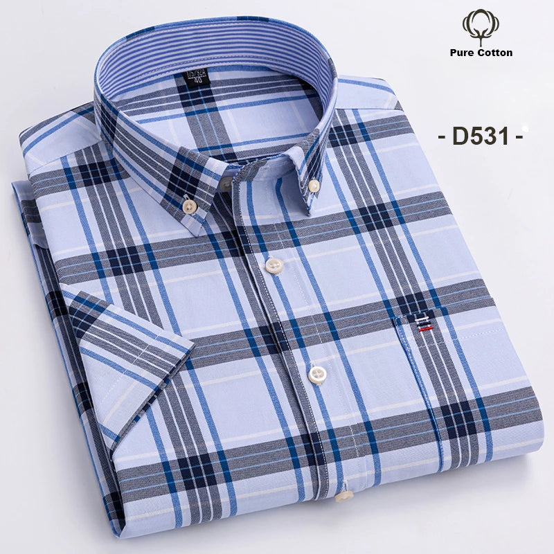 Plus Size 7XL Summer Short Sleeve Shirt 100%Cotton Shirts for Men White Plaid Striped Social Slim Fit Formal Business Clothing