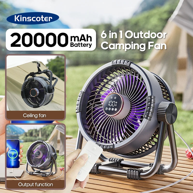 6 in 1 Portable Outdoor Camping Fan 20000mAh Rechargeable Wireless Tent Ceiling Fan 4 Speed Adjustment LED Lighting Power Bank