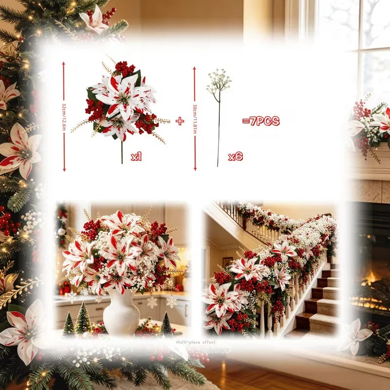 7-Piece Christmas Red and White Poinsettia Artificial Flower Bouquet, with Baby's Breath, Holiday Floral Set! Suitable for Fireplaces, Stair Railings, Dining Tables, Bedroom Vases, Balcony Flower Pots, and Stage Backdrops, Ha