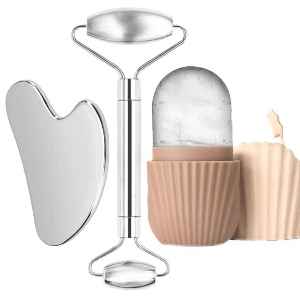 1/3PCS Face Ice Roller Stainless Steel Gua Sha Board Face Massage Roller Facial Massager Face Lifting Beauty Skin Care Tools