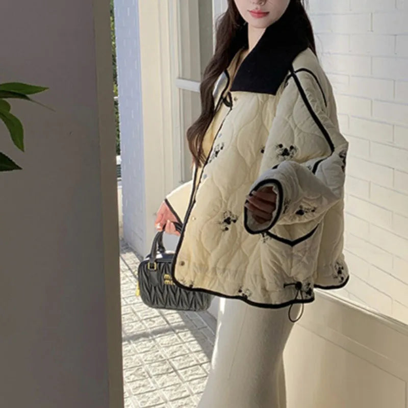 French Floral Printed Thick Short Padded Coat for Women Loose Fit All Match Winter Jackets Ladies Elegant Beige Warm Outerwear