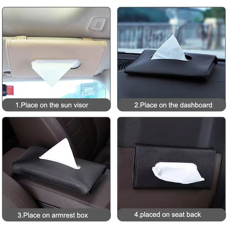 Space-Saving Car Sun Visor Tissue Pouch, Durable PU Leather Hanging Napkin Container for Auto Interior Decoration