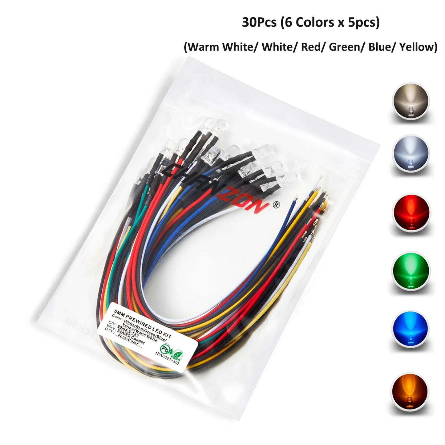 12V 5mm LED Diode Kit Warm White Red Green Blue Yellow Orange UV Purple Pink Prewired 5 9 12 V Light Emitting Indicator RC Lamp