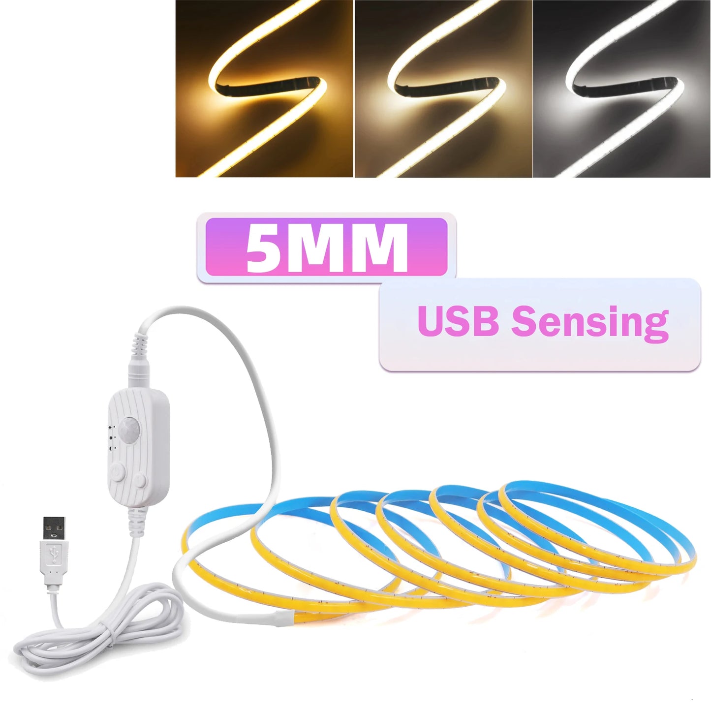 3MM 5MM 8MM COB LED Strip 5V 320LEDs/m PIR Motion Sensor Flexible Tape USB/Battery Powered Under Cabinet Kitchen Lighting Strip