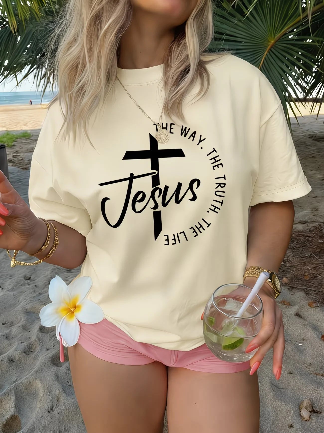 Crew Neck Short Sleeve Jesus Cross Print T Shirt Women's Outfits Casual Streetwear Retro T shirts For Lady