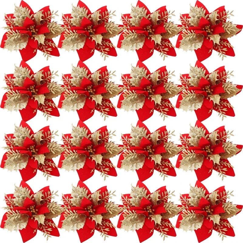 50/10PCS Artificial Glitter Christmas Flowers with Clips Red Gold Poinsettia Fake Ornament DIY Xmas Tree New Year Party Decora