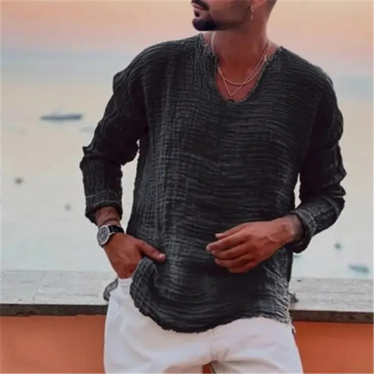 Spring and Summer Men's Viking Style Summer Shirts for Beach Wear Casual Shirts Pure Fake Cup-shaped Long Sleeved V-neck Tops