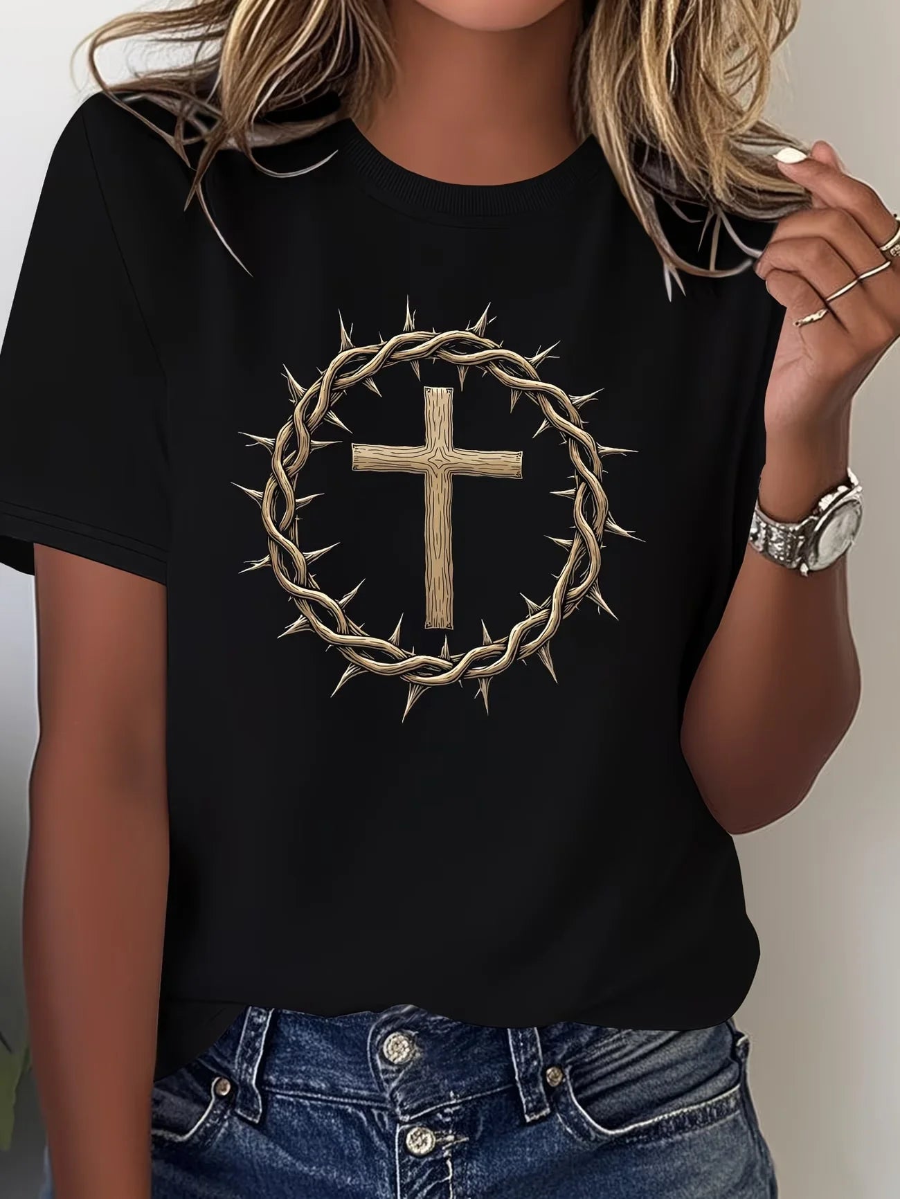 Crew Neck Short Sleeve Jesus Cross Print T Shirt Women's Outfits Casual Streetwear Retro T shirts For Lady