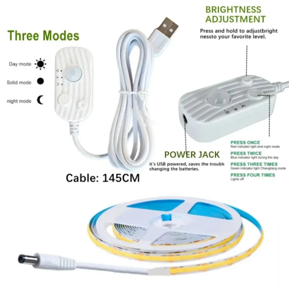USB Motion Sensor 8mm COB LED Strip DC5V 3 Modes Dimmable Induction Night Light for  Bedroom TV Backlight Kitchen Cupboard Decor