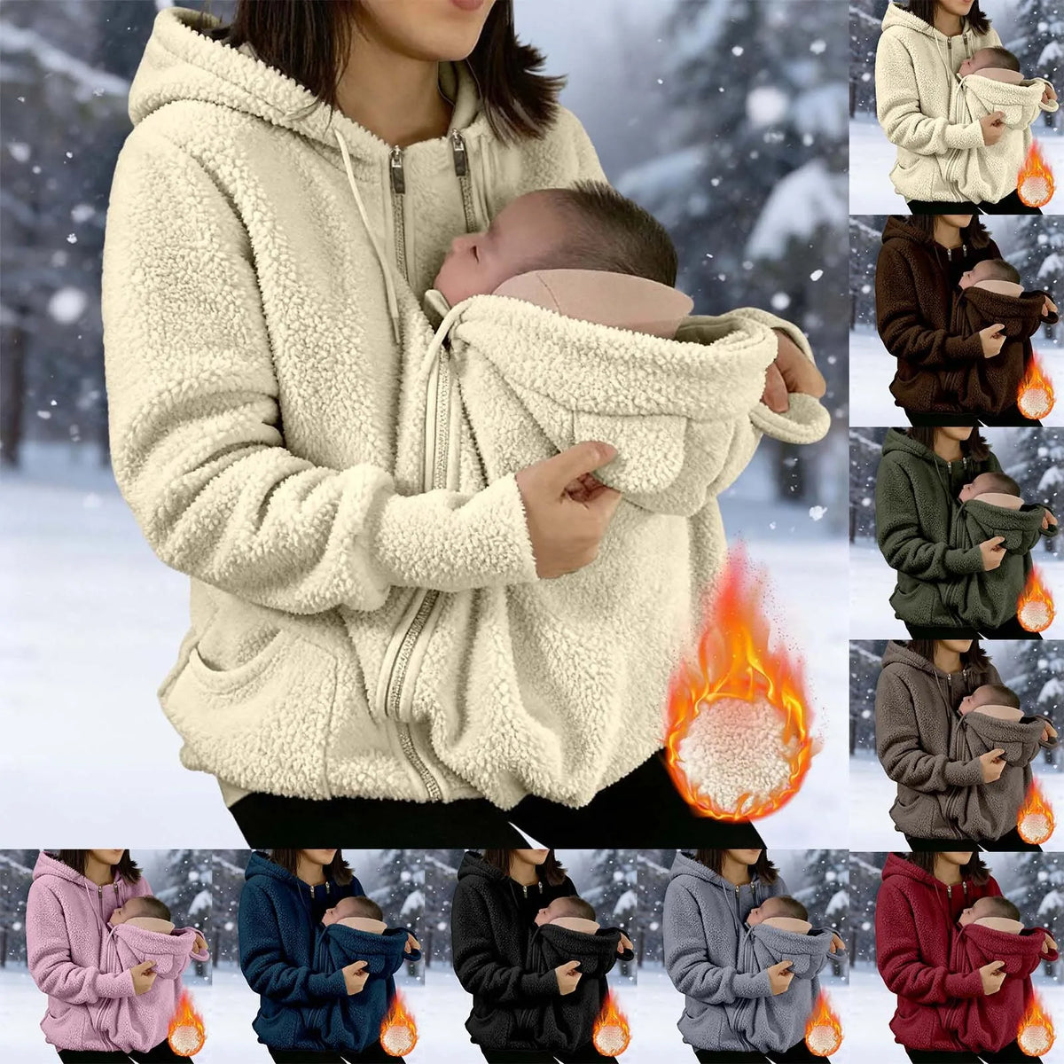 Autumn Winter Kangaroo Baby Carrier Hooded Jackets For Women Casual Hooded Mommy Outerwear Thickened Fleece Baby Pocket Jackets