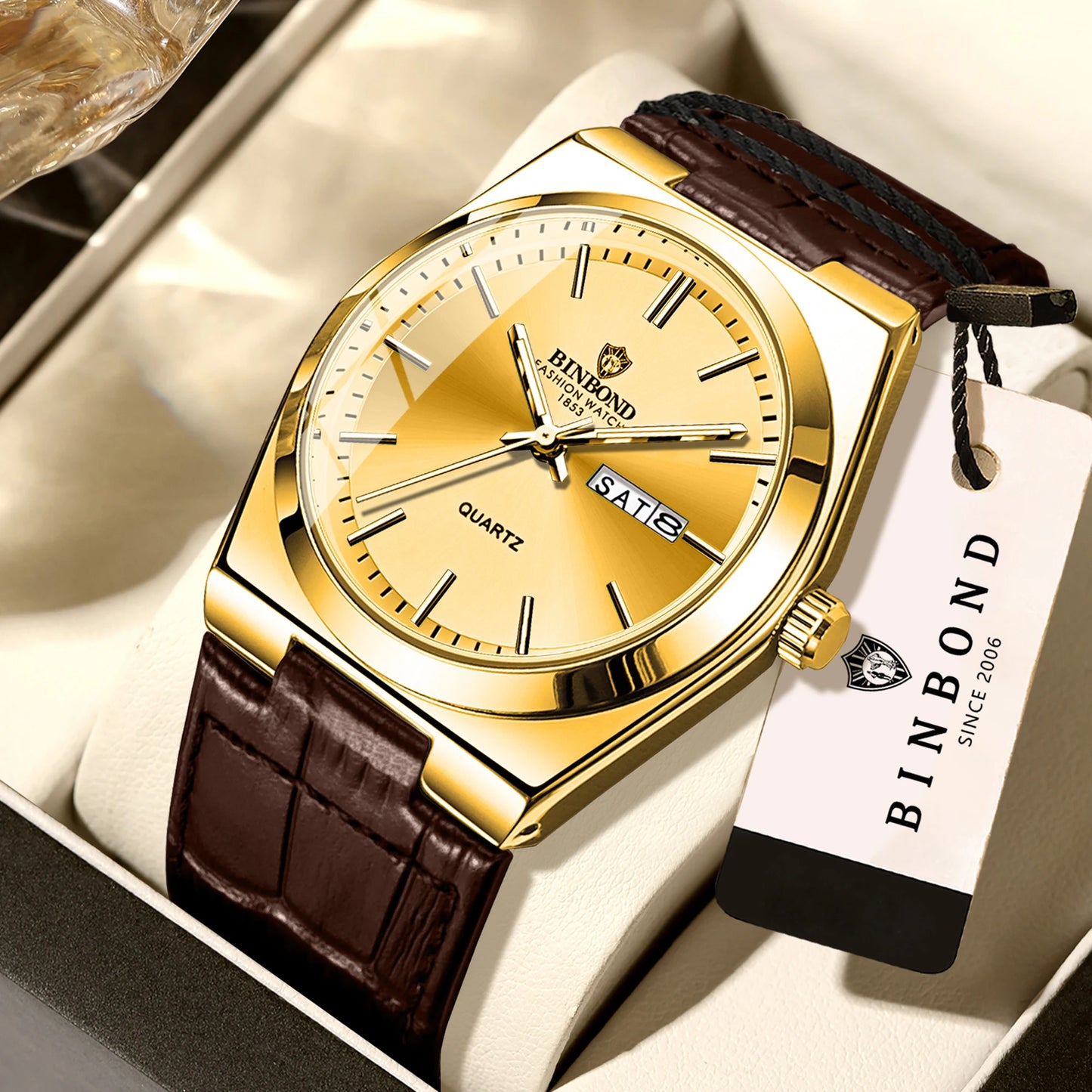 BINBOND Durable Men's Watch Reloj Leather Strap Luxury Quartz Wristwatches Precise Luminous Waterproof Auto Date Week Display