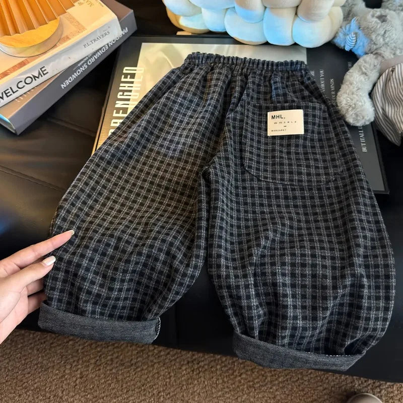 Spring Autumn Children Pants 1-6Years Boys Black Plaid Loose Casual Straight Trousers Korean Toddler Wear for Kids Clothes New