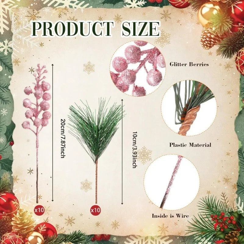 10Pcs Artificial Berry Picks Pine Branches Christmas Tree Decoration for Home New Year 2026 Decor Xmas Crafts Wreath Ornament