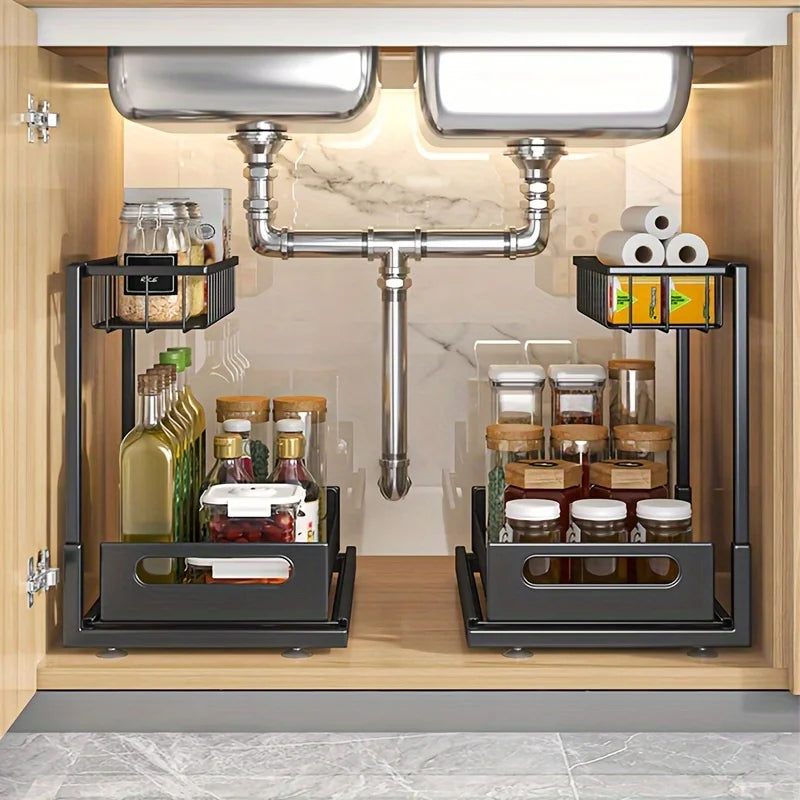 Under Sink Slide-Out Storage Rack, Metal Pull-Out Drawer Organizer for Kitchen & Bathroom