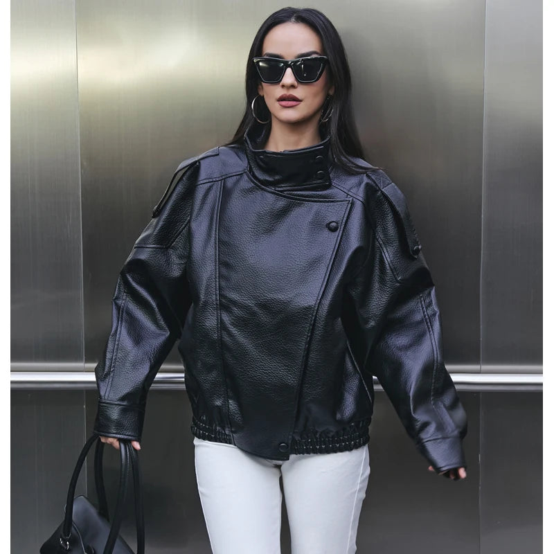 MUJER Faux Leather Women's Jacket Black Oversize Bomber Jackets for Women Outerwears Winter Overcoat Female Fashion Jacket Woman