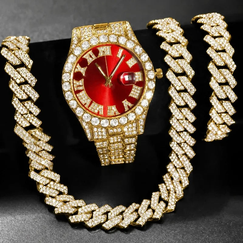 3PCS Hip Hop Iced Out Men's Watch Jewelry Set Luxury Rhinestone Quartz Wristwatch Cuban Link Chain Accessories for Women Gift