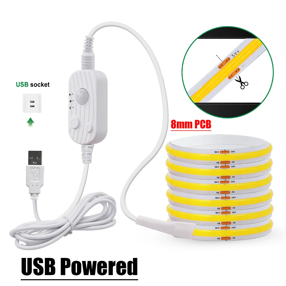 5V Motion Sensor Nigth Light COB Led Strip USB Battery Power 3mm 5mm 8mm PCB 320 LEDs Flex Lamp for Under Cabinet Kitchen Stairs
