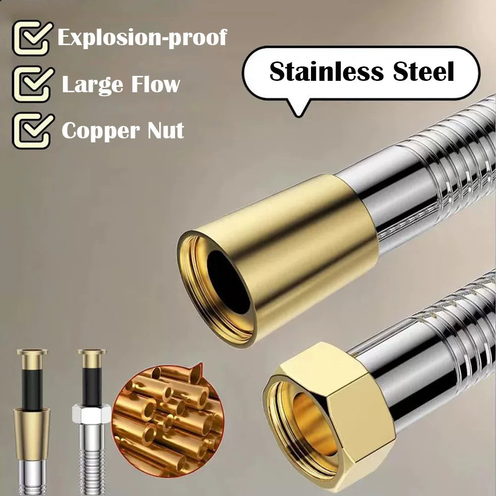 1.5/2/3M Large Flow Stainless Steel Shower Hose Brass Connector Flexible Shower Pipe Enlarged Inner Tube Bathroom Accessories