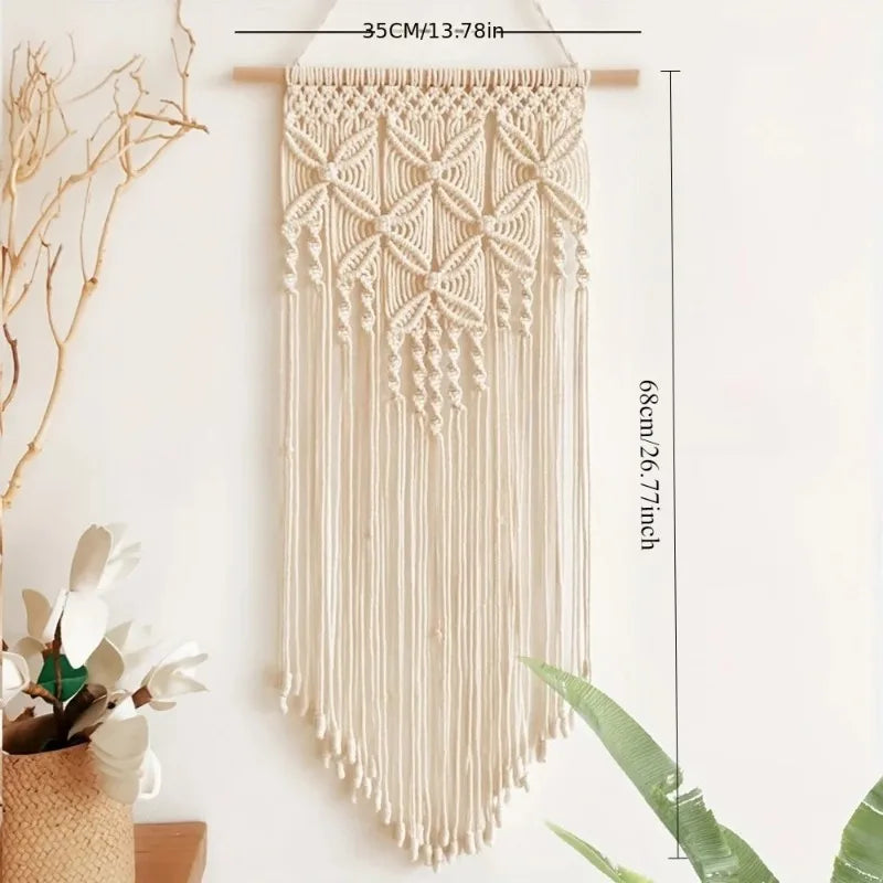 1pcs Four Leaf Clover Cotton Macrame Wall Hanging, Boho Diamond Pattern Tassel Wall Decor for Airbnb Bedroom Living Room