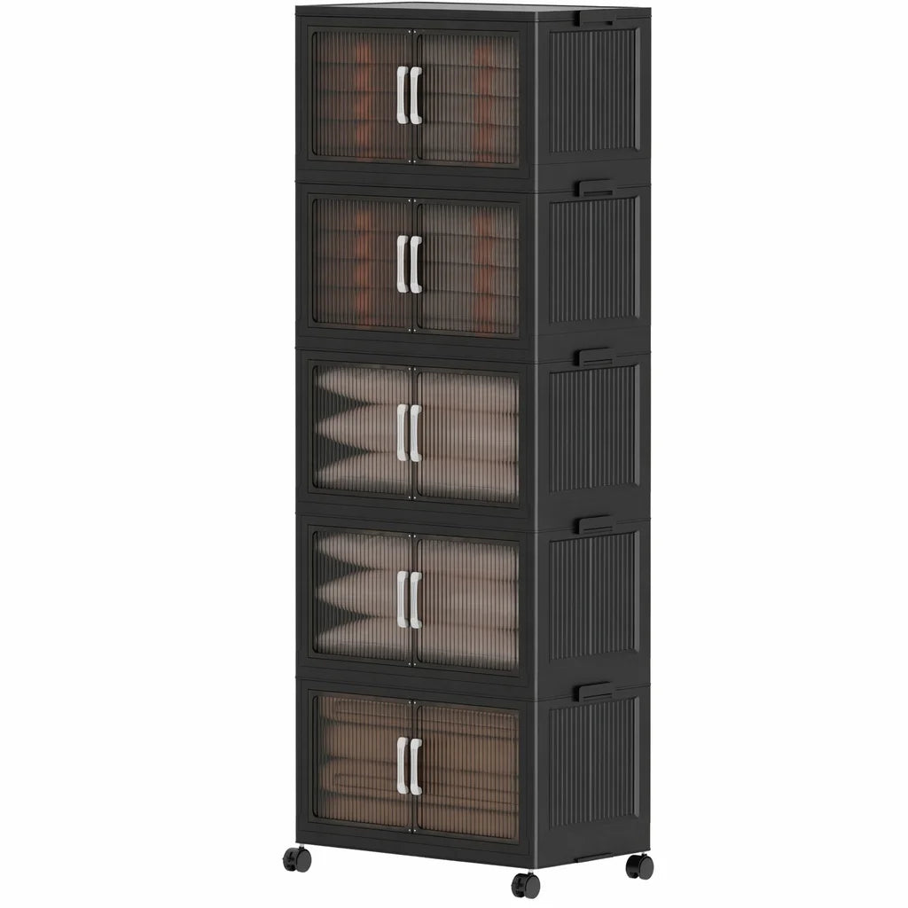 5‑Tier Stackable Plastic Storage Cabinet with Wheels, Foldable Storage Organizer with Transparent Flip‑Door, Multi‑Layer Portable Closet Organizer for Bedroom Living Room Home