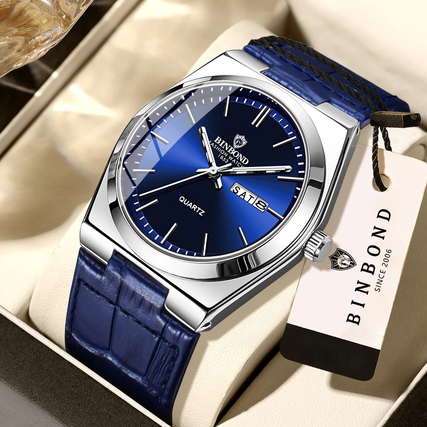 BINBOND Durable Men's Watch Reloj Leather Strap Luxury Quartz Wristwatches Precise Luminous Waterproof Auto Date Week Display