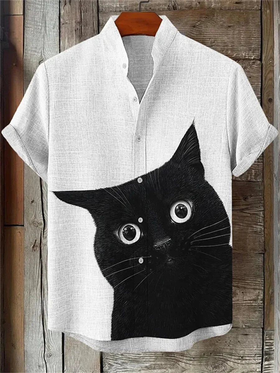 Men's short-sleeved shirt with a fun cat print, stand-up collar, single-breasted casual style. Hawaiian shirt, men's unique top.