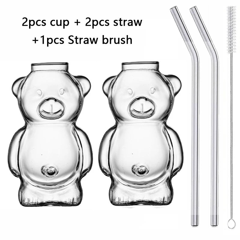 YWDL 1/2pcs Cartoon Bear Shaped Glass Cup With Straw 300ml Transparent Juice Cocktail Glass Cup Restaurant Home Coffee Milk Cup
