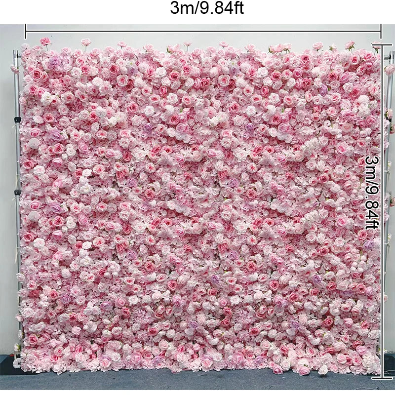 8ft/3.2ft Pink Flower Wall Artificial Silk Rose Backdrop For Wedding Decor Party 5D Floral Wall Roll Up Hanging Event Props