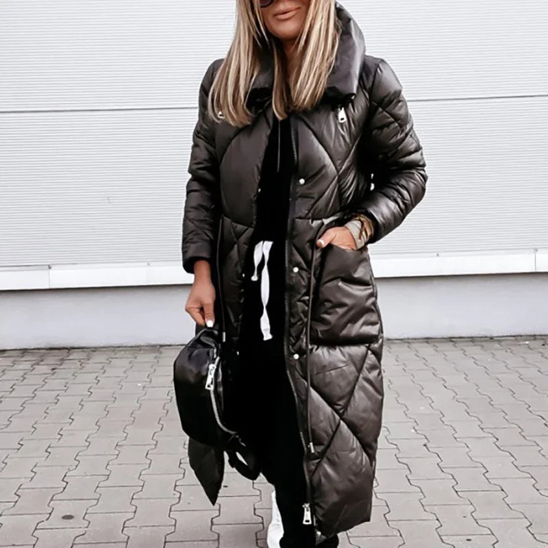 Fashion New Women Solid Color Thicken Warm Parkas Coats Winter Simple Stand Collar Long Sleeve Zipper Casual Slim Female Coats