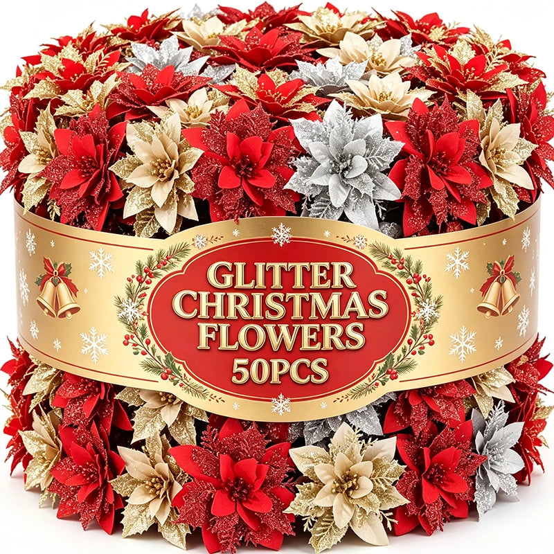 50/10PCS Artificial Glitter Christmas Flowers with Clips Red Gold Poinsettia Fake Ornament DIY Xmas Tree New Year Party Decora