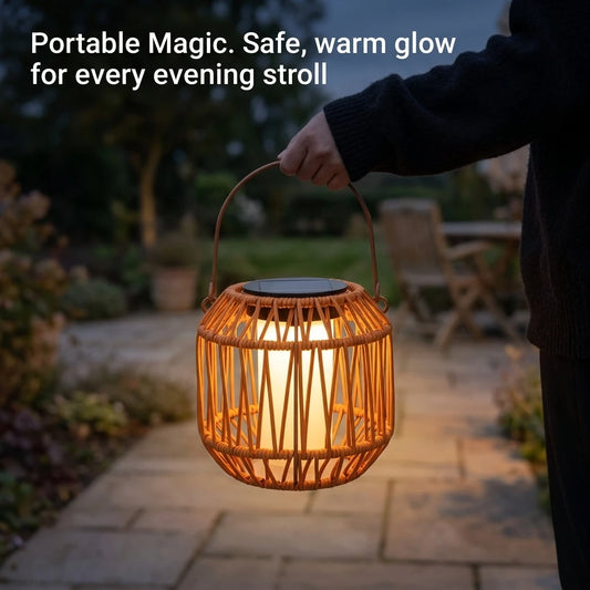 1/2Pc Solar Outdoor Lantern Simulated Flame Effect Auto Sensor Wireless Portable Lighting Vintage Bionic Rattan Woven IP65 All-Weather Waterproof 360° Landscape Light Courtyard Garden Decor With Hanging Handle Perfect Kids G