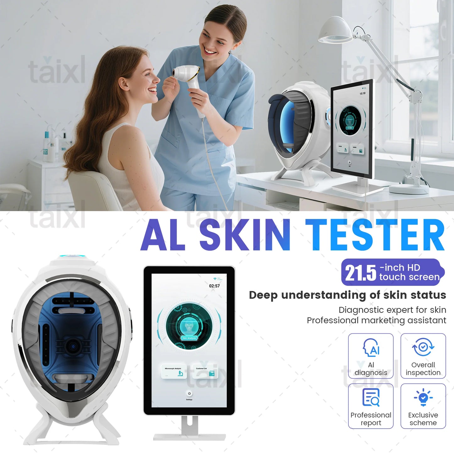 AI Skin Analyzer Machine 20 Indicators Deca Spectral Full Face HD Camera 3 Modes Micro Moisture Meter Beauty Salon Spa Care Tool