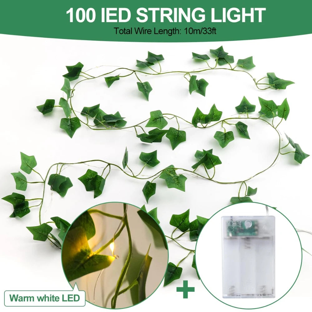 Fairy Lights with Leaves Artificial Ivy with Fairy Lights Green Leaf Ivy Vine with 20/50/100 LED Light Indoor 2/5/10 m for Party