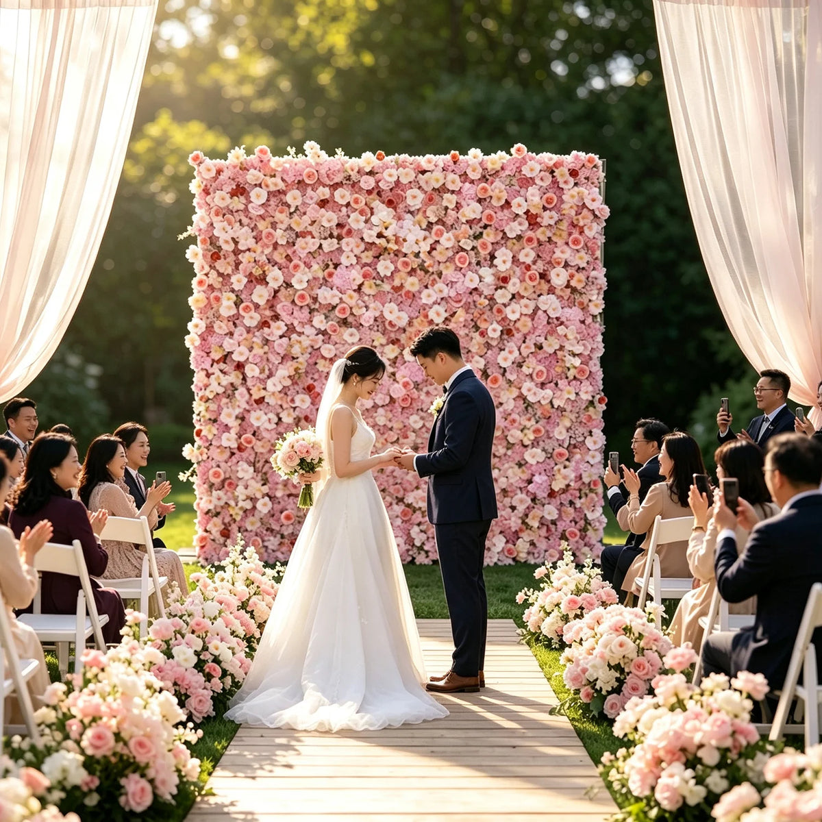Uflower Pink Peony Rose Cloth Artificial Flower Wall Wedding Backdrop Decor Curtain Hanging Fabric Floral Wall Event Party Props