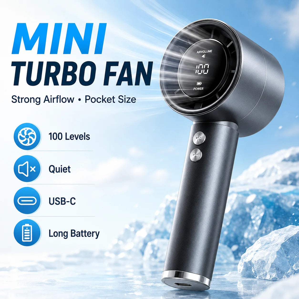 Fan Handheld Portable Mini Air Cooler LED Display USB Rechargeable 5 Speeds Adjustable Efficient Cooling Quiet for Outdoor