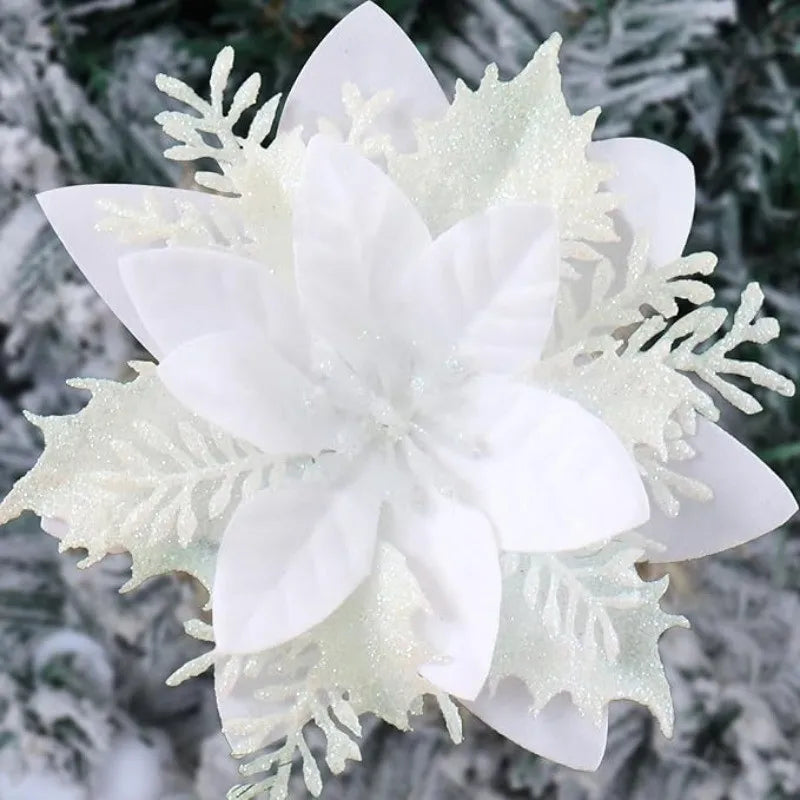 5Pcs Christmas Glitter Poinsettia Flowers Artificial Berry Christmas Tree Ornament for Xmas Wreath Floral New Year 2026 Decor