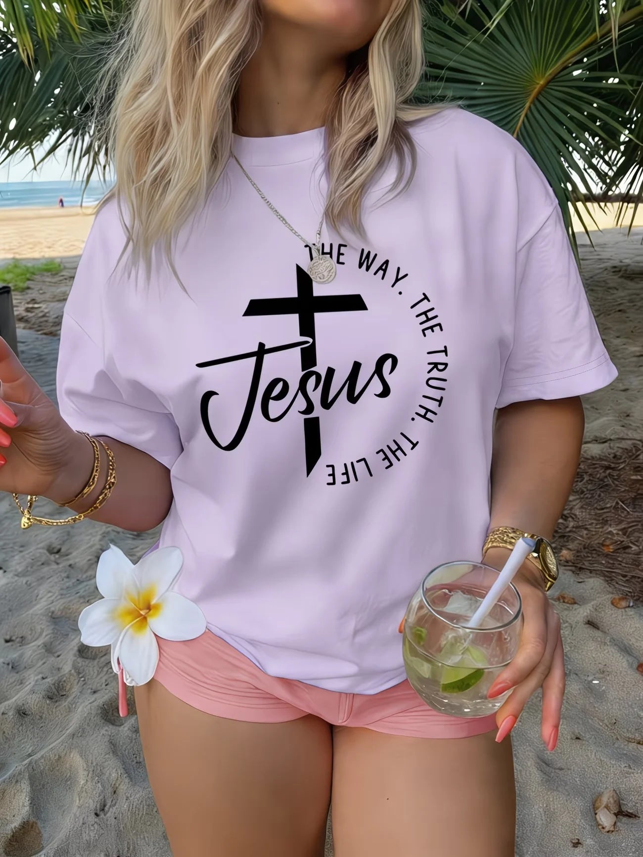 Crew Neck Short Sleeve Jesus Cross Print T Shirt Women's Outfits Casual Streetwear Retro T shirts For Lady