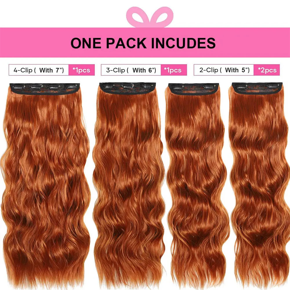 Copper Red Long Wavy Clip in Hair Extensions 20 Inch 4Pcs Double Weft Synthetic Hairpieces Full Head for Women Party Cosplay