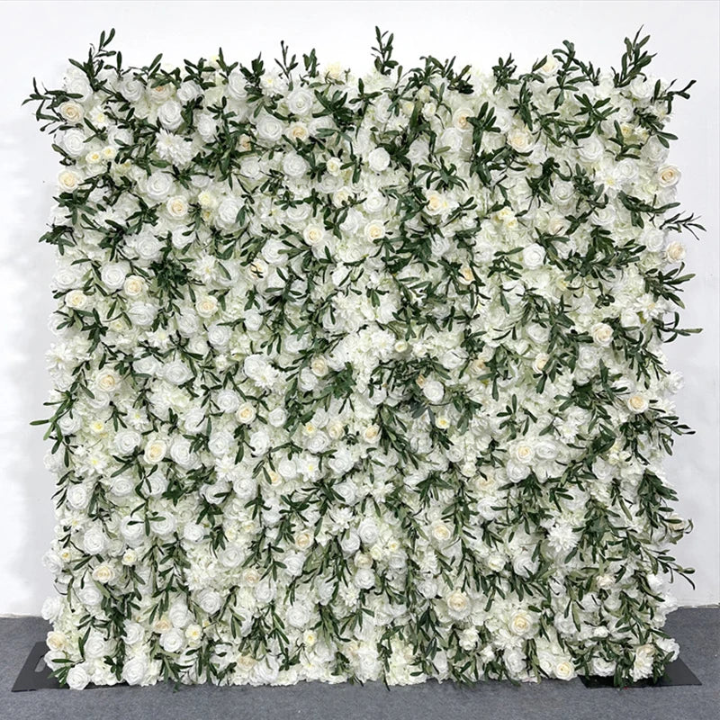 Luxur white Rose Roll Up Cloth 5D Flower Wall Arrangement Wedding Backdrop Decor Hanging Curtain Green Plants Wall Party Props