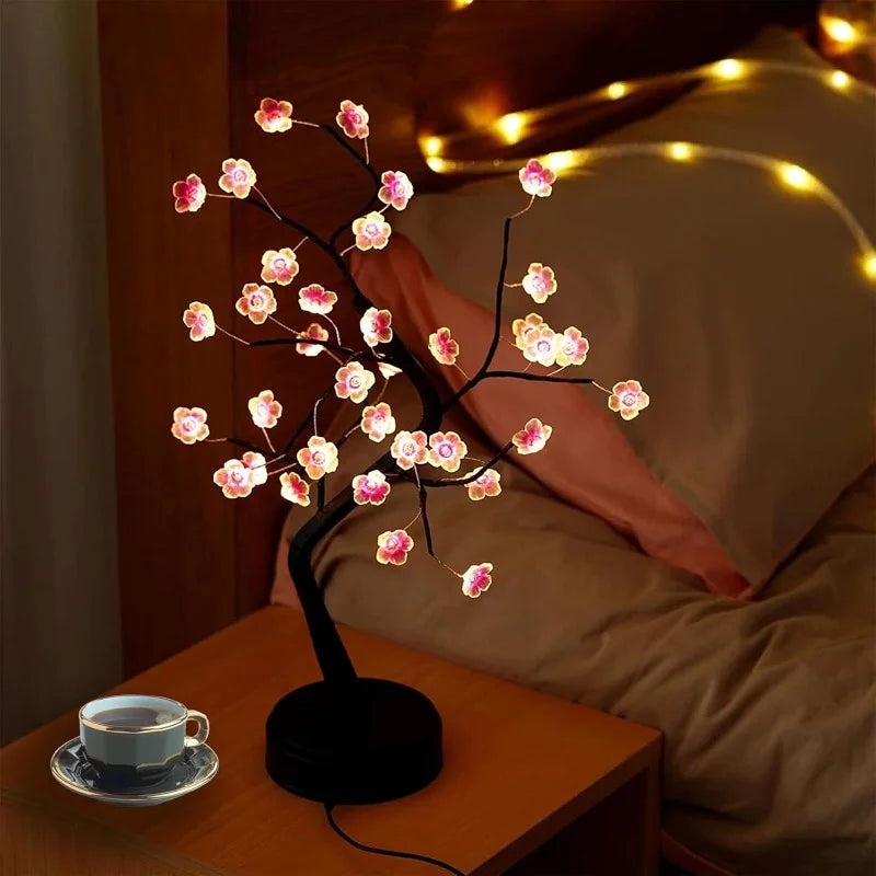 Table Tree Night Light USB/Battery Powered Touch Switch Artificial Bonsai Cherry Blossom Desktop Tree LED Lamp Light Decoration