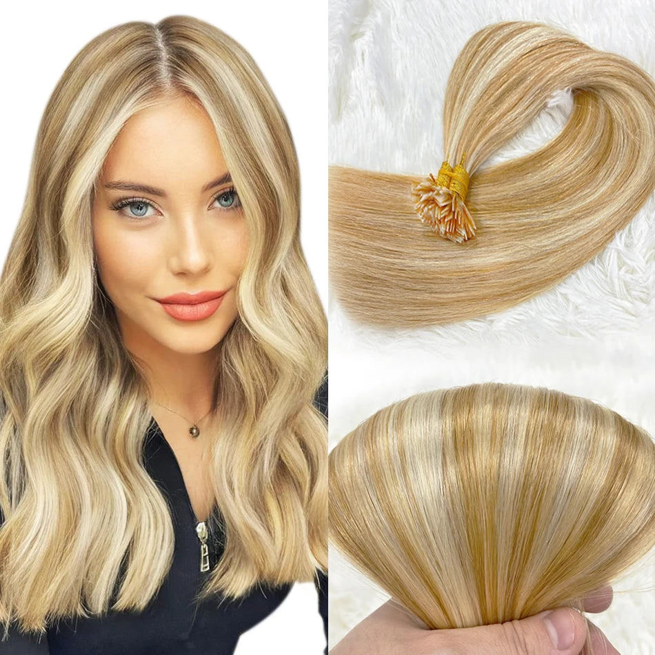 Straight Hair Flat Tip Hair Extensions K Tip Natural 100% Human Hair Fusion Extensions Set Keratin Prebonded Capsule Blonde Colo
