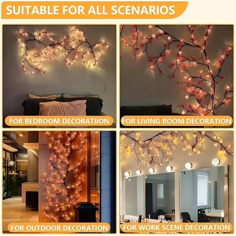 USB 5V 8 Modes Cherry Blossom String Light Artificial Flower Vines Fairy Lights for Bedroom Wedding Party Holiday Decoration