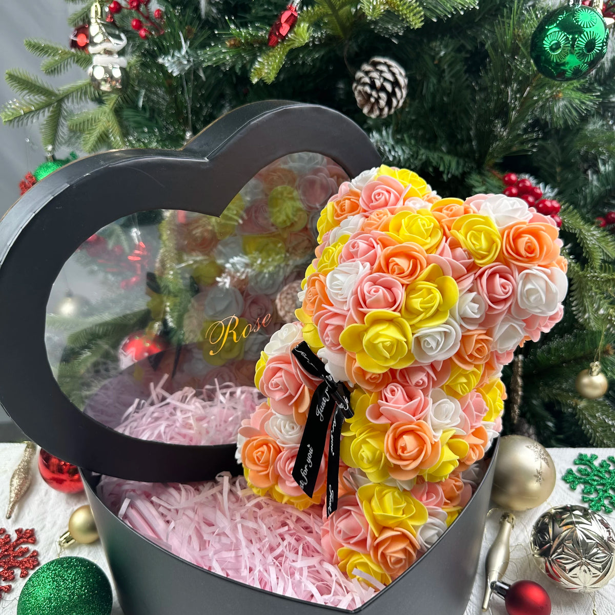 25cm Artificial Teddy Rose Flower Bear with Box Romantic Valentines Day Gift Girlfriend Women Anniversary Wedding Party Supplies