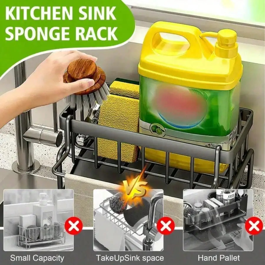 Stainless Steel Kitchen Sink Caddy Organizer, Adhesive Sponge Holder With Drain Tray, Multi Compartment Dish Brush Soap Storage Rack, Household Countertop Sink Accessory