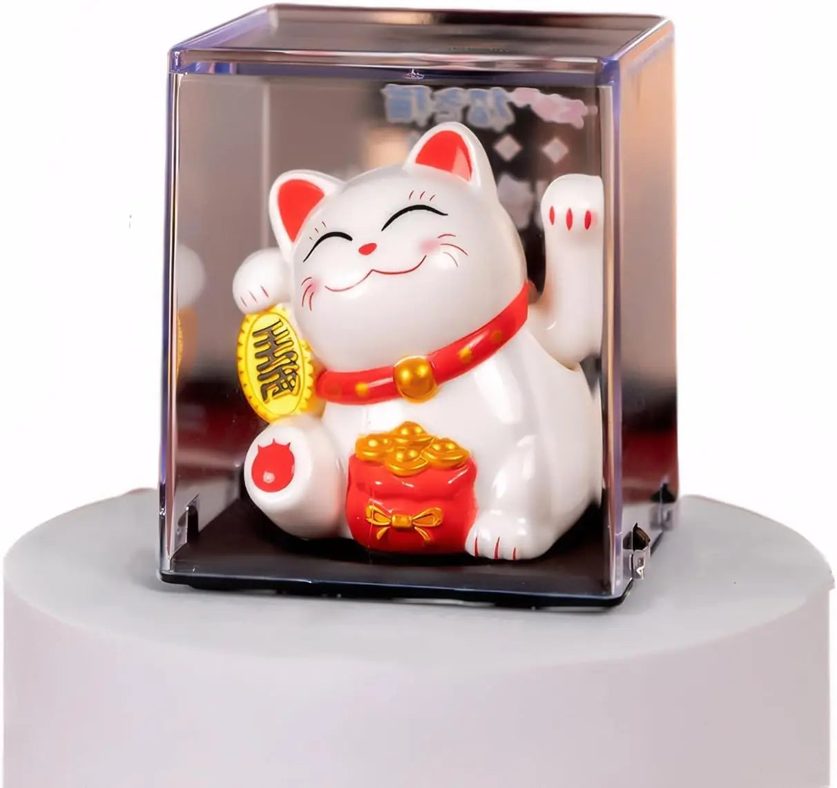 White Solar Maneki Neko | Waving Lucky Cat Figurine | Miniature Home Decor | Solar-Powered, Energy-Saving | Perfect Gift