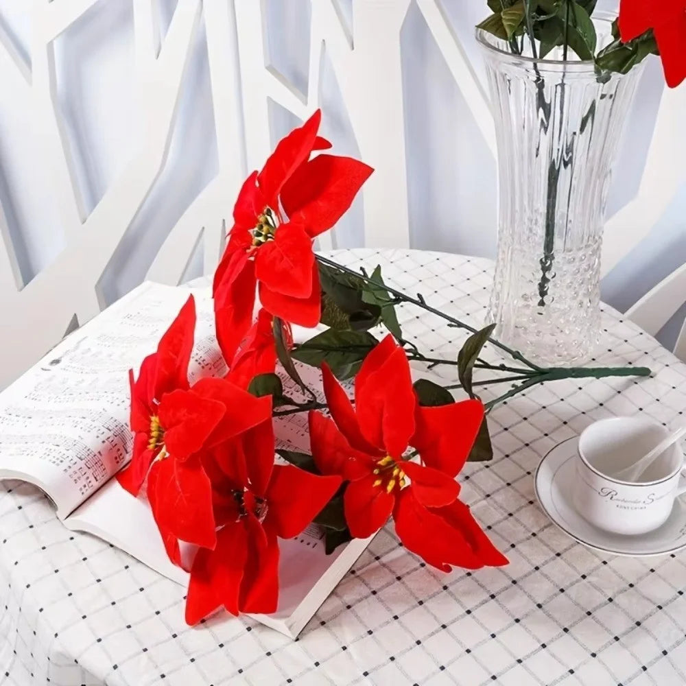 7‑Heads Red Christmas Poinsettia Artificial Flowers, Xmas Home Party Decoration for Holiday Display