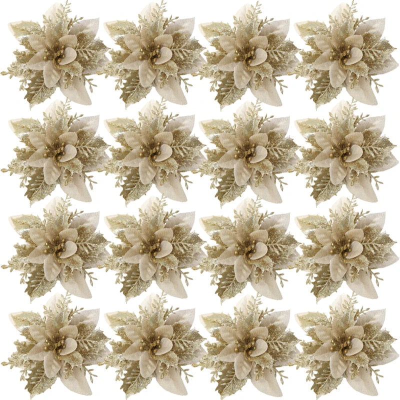 50/10PCS Artificial Glitter Christmas Flowers with Clips Red Gold Poinsettia Fake Ornament DIY Xmas Tree New Year Party Decora