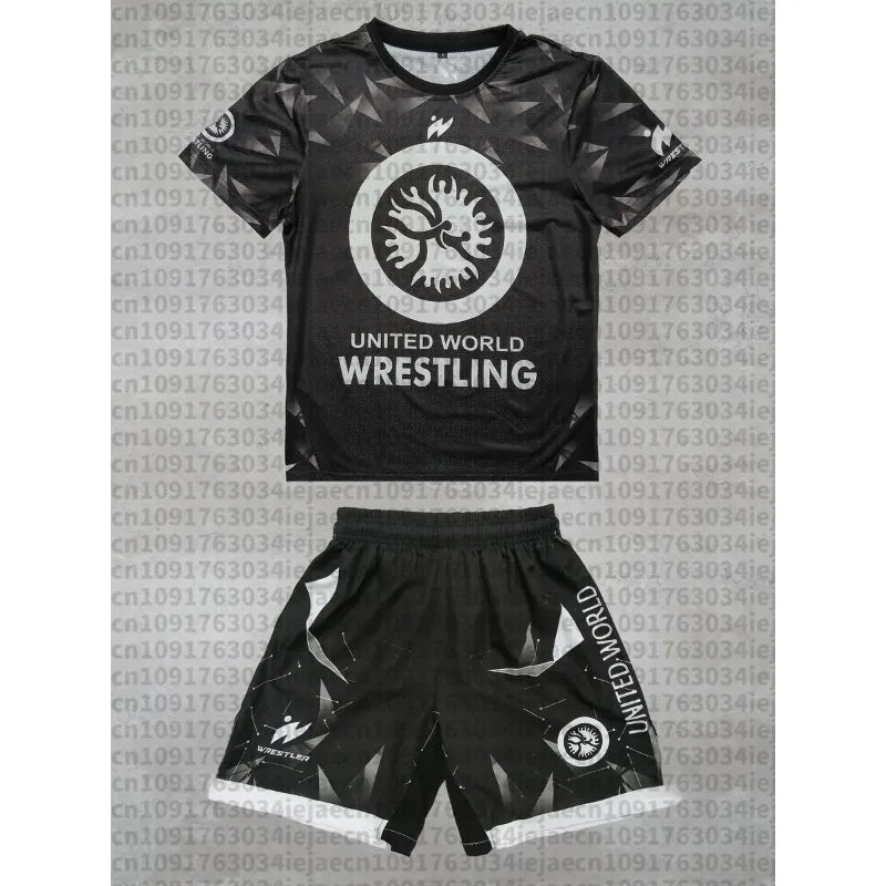 2026 New Summer Men United World Wrestling Sportswear Set Short Sleeve T Shirt and Shorts for MMA Training Lightweight