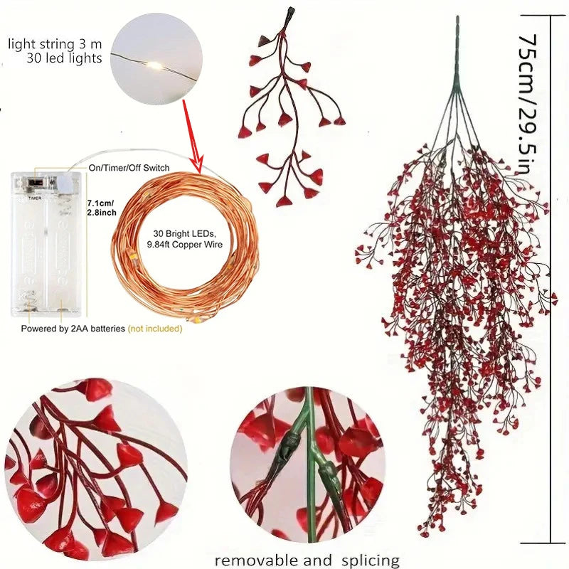 2Set DIY Glowing Artificial Hanging Plants Garland Red Ferns Fake Ivy Plant for Christmas Home Wedding Party Garden Decoration