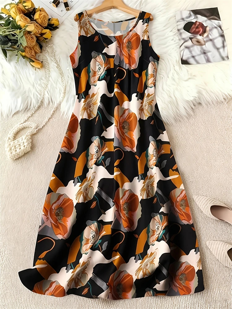Summer Fashion Round-Neck Women's Dresses Botanical Floral Color-Blocked Patchwork Dresses Travel Party and Beach Dresses